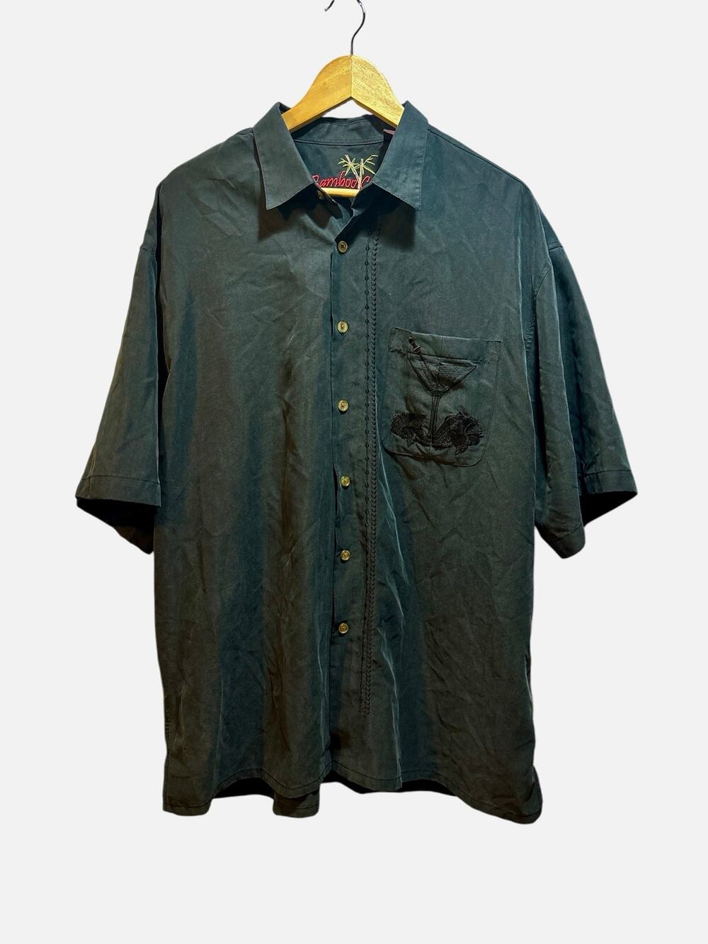 Bamboo Cay black button down short sleeve shirt w/ embroidered martini mens XL